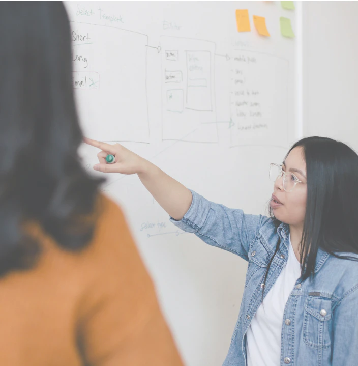 Two people at a white board